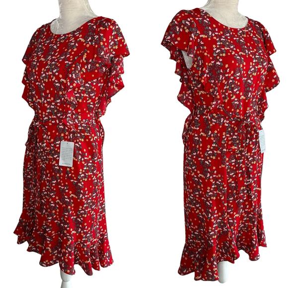 Max Studio Floral Midi Dress Red Small Ruffles Belted New - Picture 6 of 15